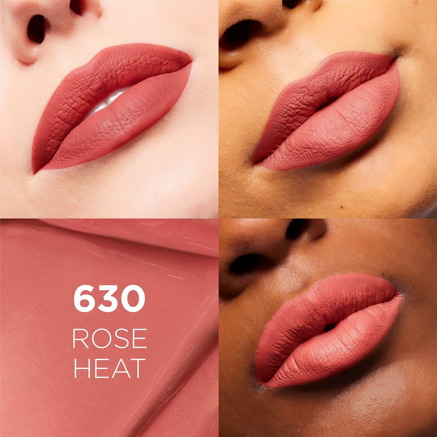 Infaillible Matte Resistance Nude 630 Rose Heat Fotocollage die den Lippenstift auf aufgetragenen Lippen zeigt